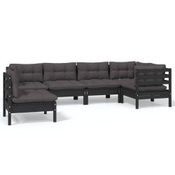 6-tlg. Garten-Lounge-Set mit Kissen Schwarz Kiefernholz