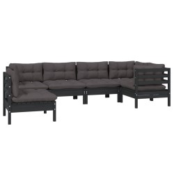 6-tlg. Garten-Lounge-Set mit Kissen Schwarz Kiefernholz