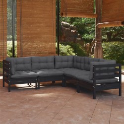 5-tlg. Garten-Lounge-Set mit Kissen Schwarz Kiefer Massivholz