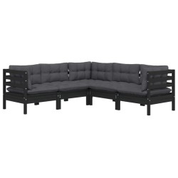 5-tlg. Garten-Lounge-Set mit Kissen Schwarz Kiefer Massivholz