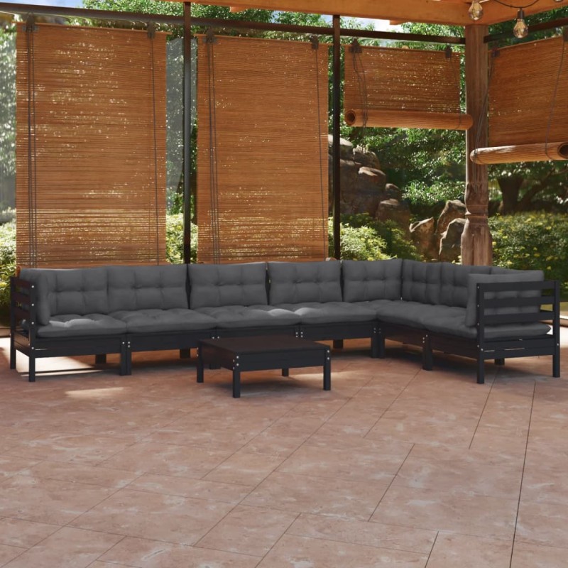 8-tlg. Garten-Lounge-Set mit Kissen Schwarz Massivholz Kiefer