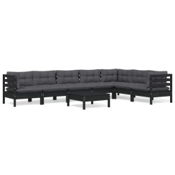 8-tlg. Garten-Lounge-Set mit Kissen Schwarz Massivholz Kiefer