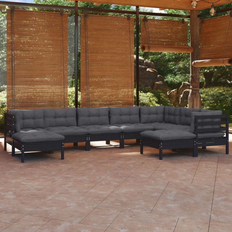 9-tlg. Garten-Lounge-Set mit Kissen Schwarz Kiefer Massivholz