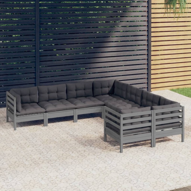 8-tlg. Garten-Lounge-Set mit Kissen Grau Massivholz Kiefer