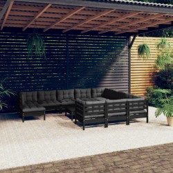 12-tlg. Garten-Lounge-Set mit Kissen Schwarz Kiefernholz