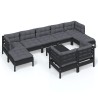 10-tlg. Garten-Lounge-Set mit Kissen Schwarz Kiefer Massivholz