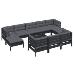 11-tlg. Garten-Lounge-Set mit Kissen Schwarz Kiefer Massivholz