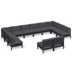 12-tlg. Garten-Lounge-Set mit Kissen Schwarz Kiefer Massivholz