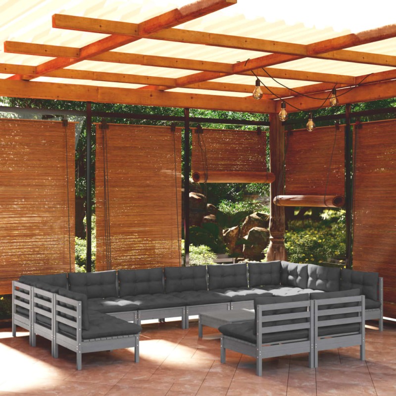 13-tlg. Garten-Lounge-Set mit Kissen Grau Kiefer Massivholz