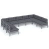 9-tlg. Garten-Lounge-Set mit Kissen Grau Kiefer Massivholz