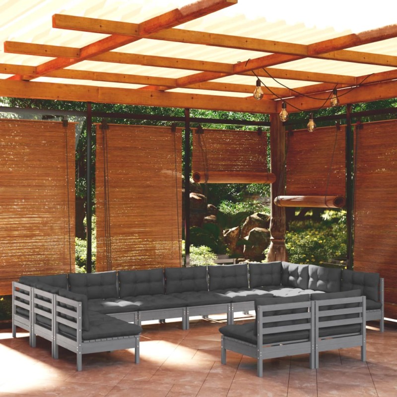 12-tlg. Garten-Lounge-Set mit Kissen Grau Kiefer Massivholz