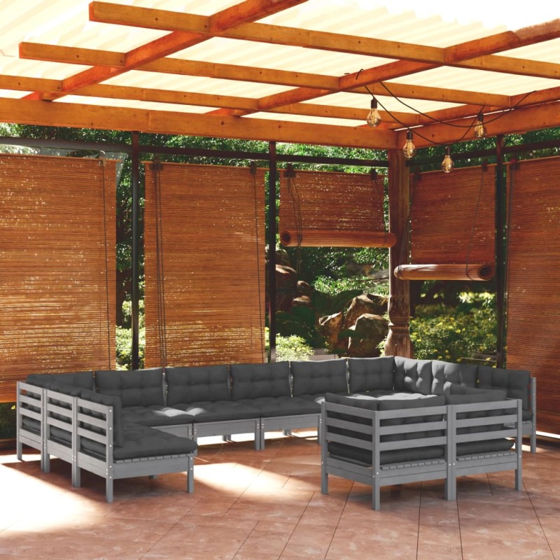 12-tlg. Garten-Lounge-Set mit Kissen Grau Kiefer Massivholz