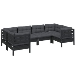 6-tlg. Garten-Lounge-Set mit Kissen Schwarz Kiefernholz