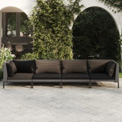 4-tlg. Garten-Lounge-Set mit Kissen Poly Rattan Dunkelgrau