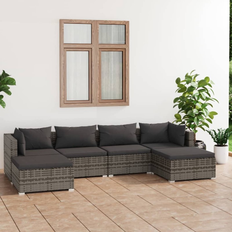 6-tlg. Garten-Lounge-Set mit Kissen Poly Rattan Grau