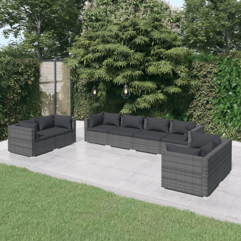 8-tlg. Garten-Lounge-Set mit Kissen Poly Rattan Grau