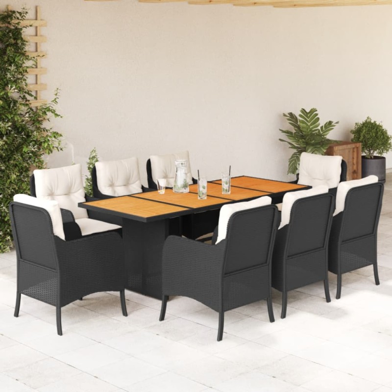 9-tlg. Garten-Essgruppe mit Kissen Schwarz Poly Rattan