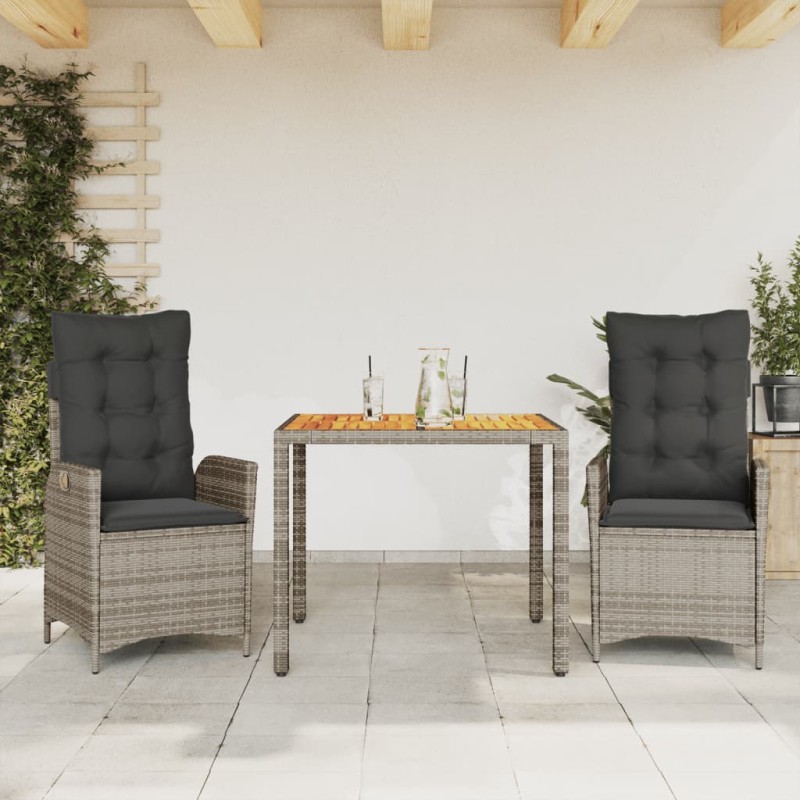 3-tlg. Garten-Essgruppe mit Kissen Grau Poly Rattan