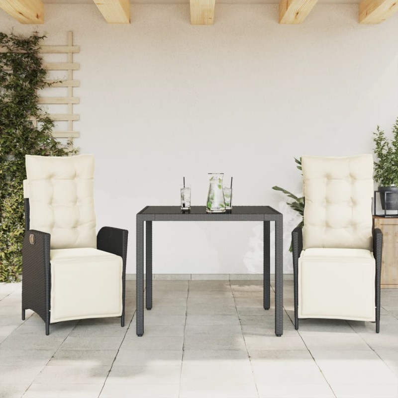 3-tlg. Garten-Essgruppe mit Kissen Schwarz Poly Rattan