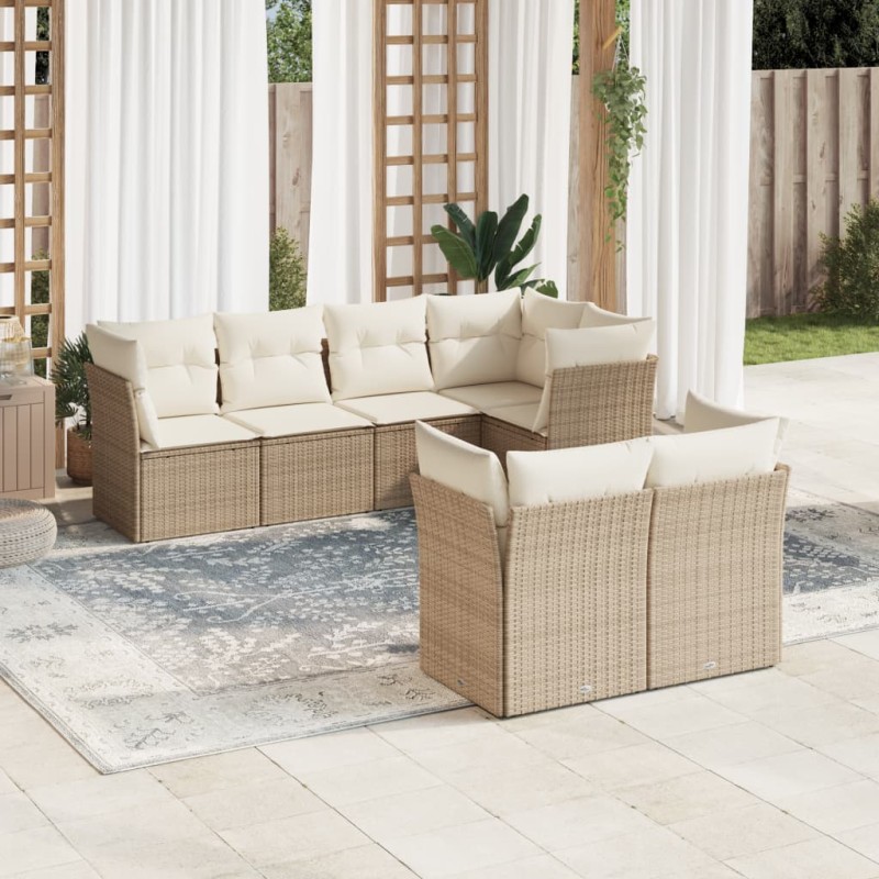 7-tlg. Garten-Sofagarnitur mit Kissen Beige Poly Rattan