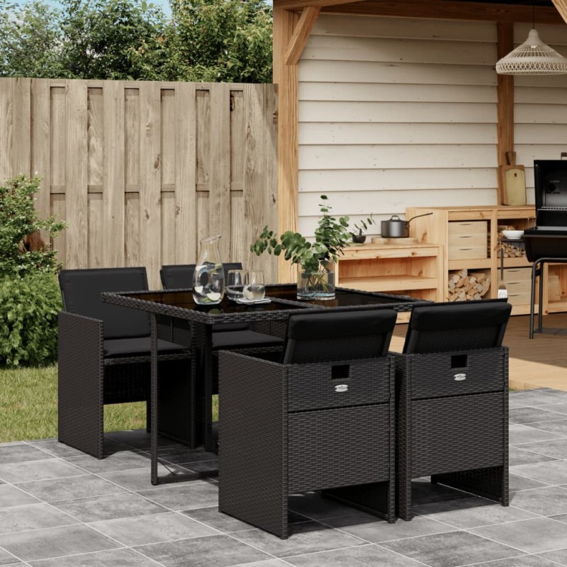 5-tlg. Garten-Essgruppe mit Kissen Schwarz Poly Rattan