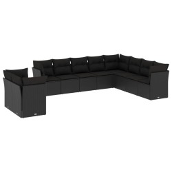 10-tlg. Garten-Sofagarnitur mit Kissen Schwarz Poly Rattan