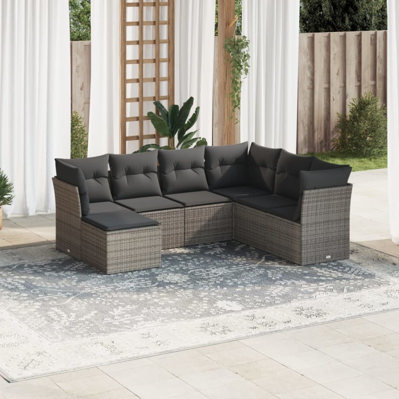 7-tlg. Garten-Sofagarnitur mit Kissen Grau Poly Rattan