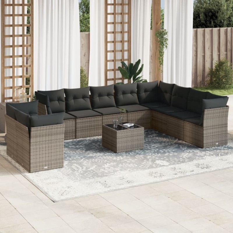 11-tlg. Garten-Sofagarnitur mit Kissen Grau Poly Rattan