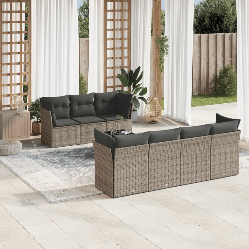 8-tlg. Garten-Sofagarnitur mit Kissen Grau Poly Rattan