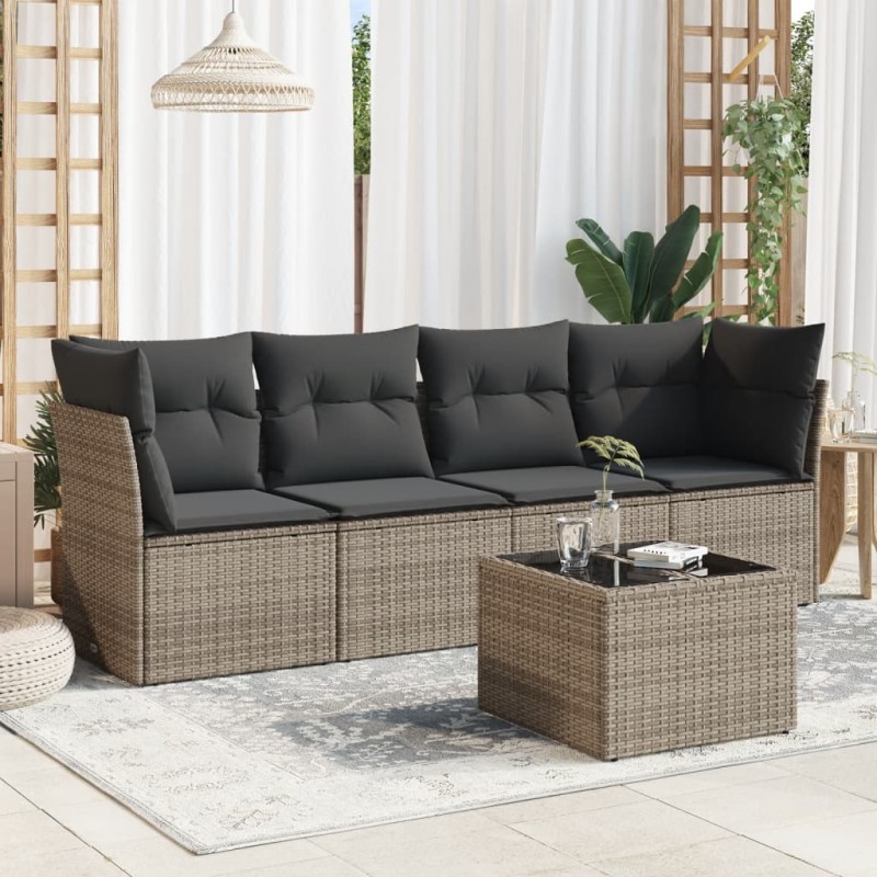 5-tlg. Garten-Sofagarnitur mit Kissen Grau Poly Rattan