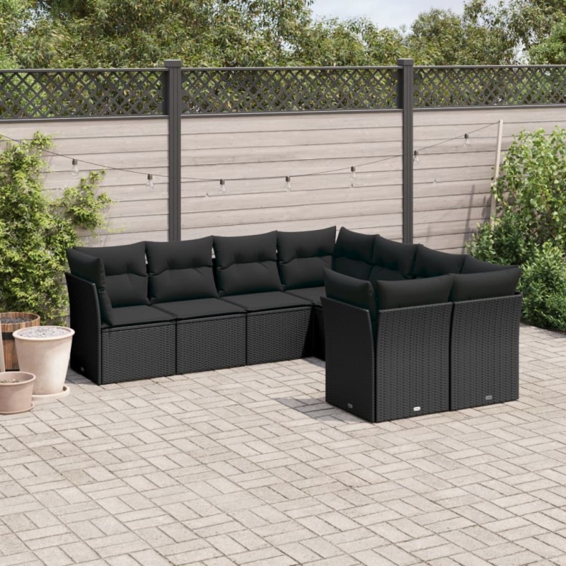 8-tlg. Garten-Sofagarnitur mit Kissen Schwarz Poly Rattan