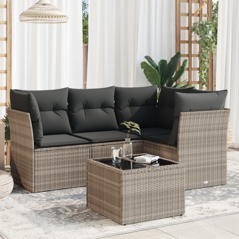 5-tlg. Garten-Sofagarnitur mit Kissen Hellgrau Poly Rattan