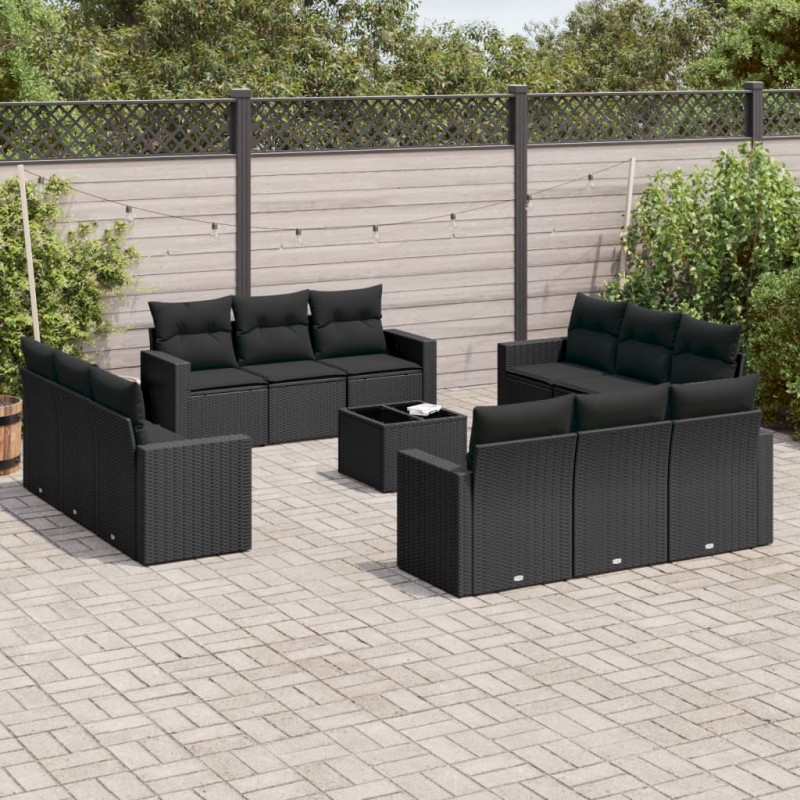 13-tlg. Garten-Sofagarnitur mit Kissen Schwarz Poly Rattan