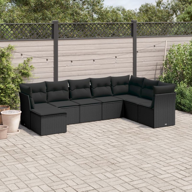 8-tlg. Garten-Sofagarnitur mit Kissen Schwarz Poly Rattan