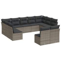 11-tlg. Garten-Sofagarnitur mit Kissen Grau Poly Rattan