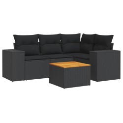 5-tlg. Garten-Sofagarnitur mit Kissen Schwarz Poly Rattan