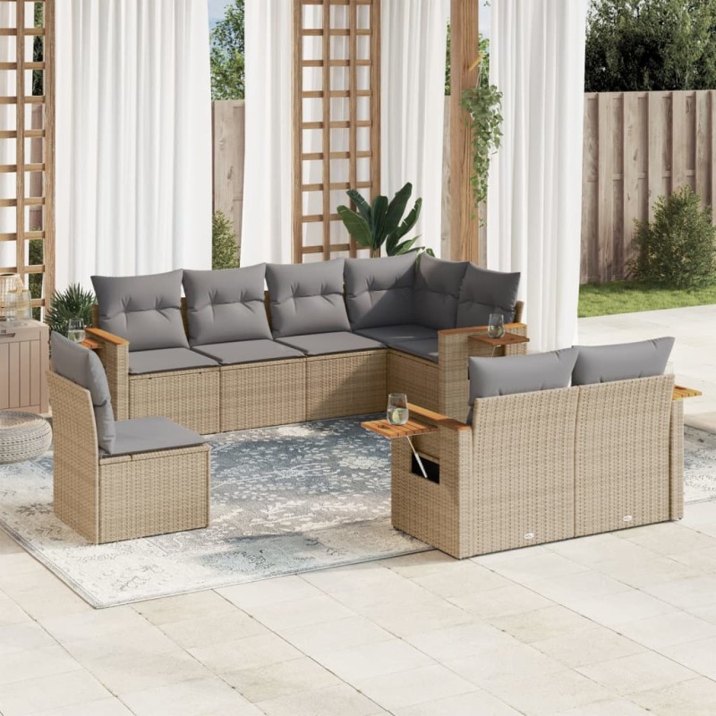 8-tlg. Garten-Sofagarnitur mit Kissen Beige Poly Rattan