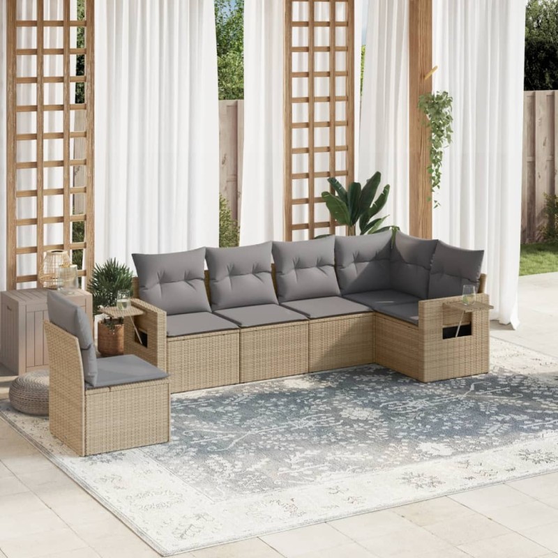 6-tlg. Garten-Sofagarnitur mit Kissen Beige Poly Rattan