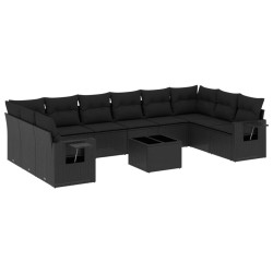 11-tlg. Garten-Sofagarnitur mit Kissen Schwarz Poly Rattan