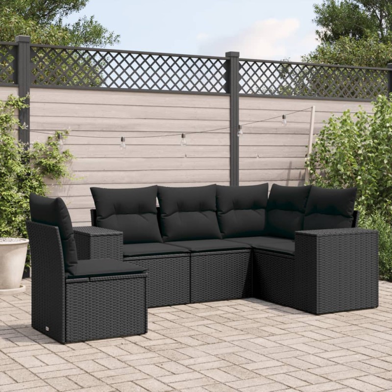 5-tlg. Garten-Sofagarnitur mit Kissen Schwarz Poly Rattan