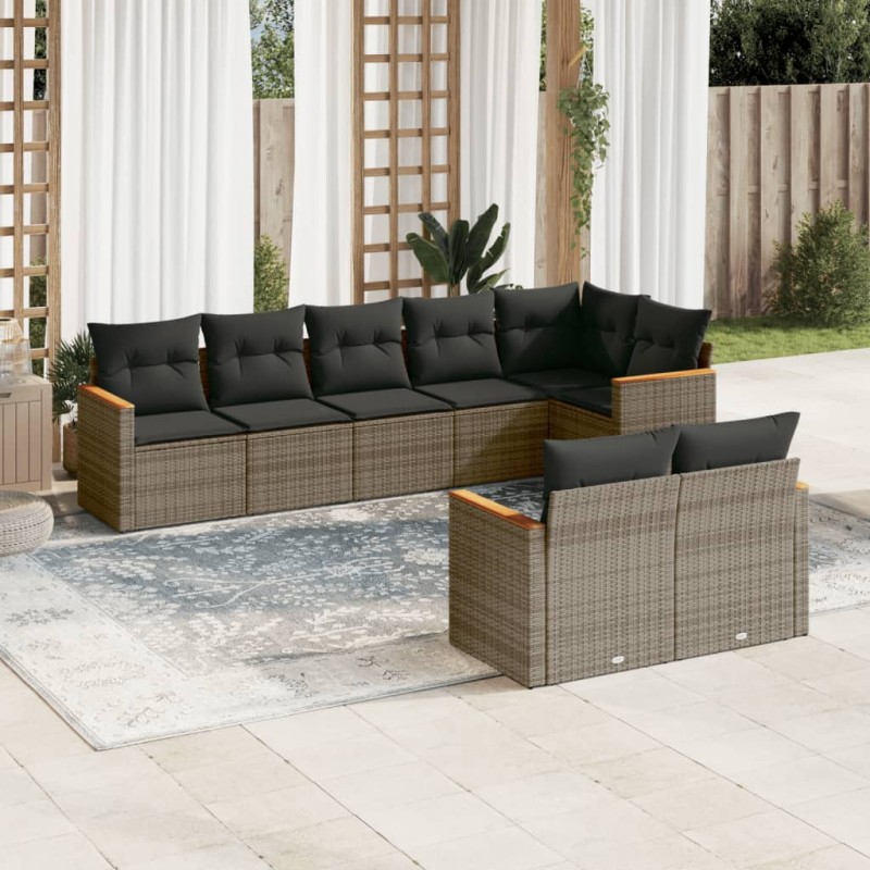 8-tlg. Garten-Sofagarnitur mit Kissen Grau Poly Rattan