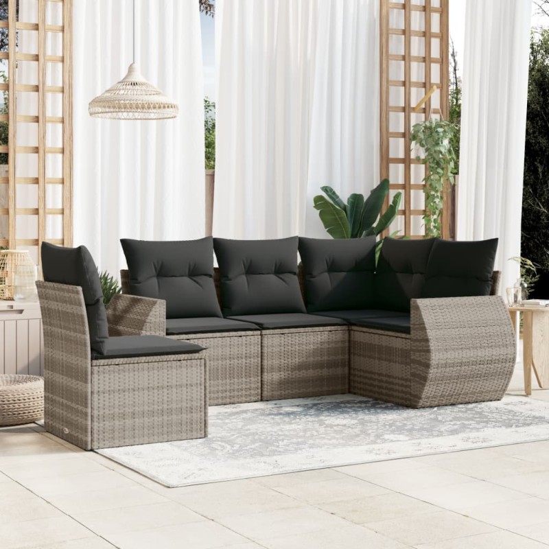 5-tlg. Garten-Sofagarnitur mit Kissen Hellgrau Poly Rattan