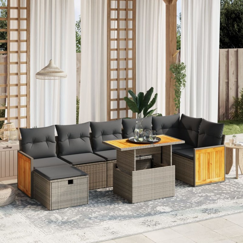 8-tlg. Garten-Sofagarnitur mit Kissen Grau Poly Rattan