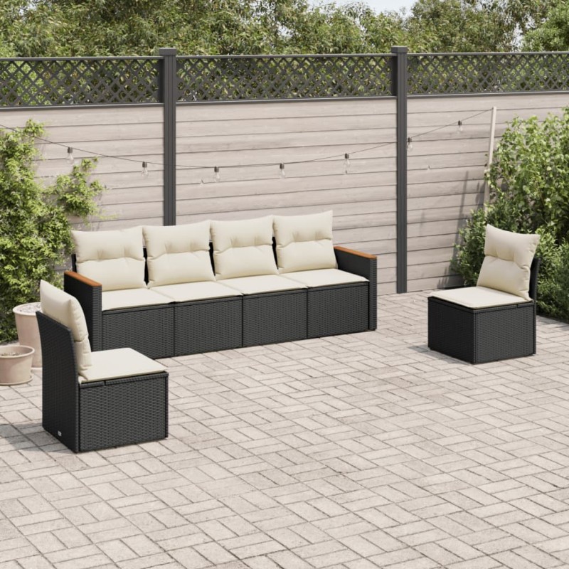 6-tlg. Garten-Sofagarnitur mit Kissen Schwarz Poly Rattan