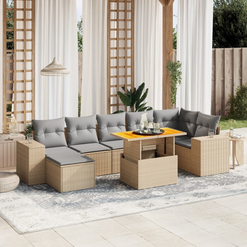 8-tlg. Garten-Sofagarnitur mit Kissen Beige Poly Rattan