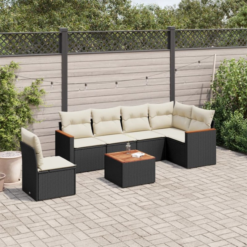 7-tlg. Garten-Sofagarnitur mit Kissen Schwarz Poly Rattan