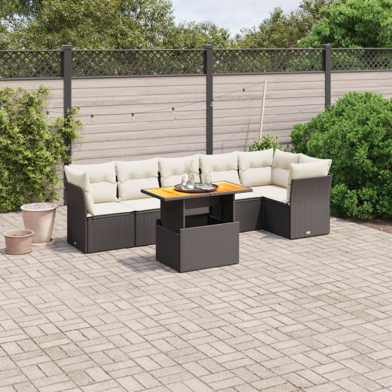 7-tlg. Garten-Sofagarnitur mit Kissen Schwarz Poly Rattan