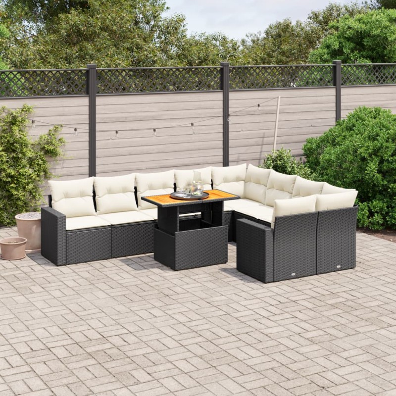 10-tlg. Garten-Sofagarnitur mit Kissen Schwarz Poly Rattan