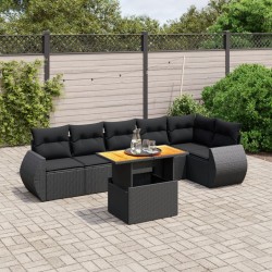 7-tlg. Garten-Sofagarnitur mit Kissen Schwarz Poly Rattan