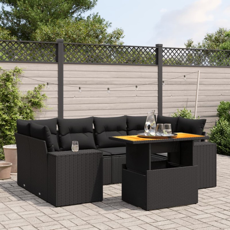 7-tlg. Garten-Sofagarnitur mit Kissen Schwarz Poly Rattan